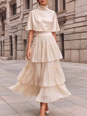 Women's Autumn Soft Apricot High Waist Layered Cake Skirt, Wide Waistband Cinche
